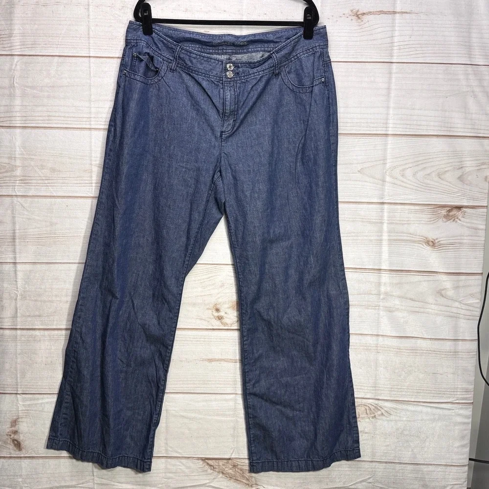 Michael Kors Women 18W Blue Cotton Linen Blend Wide Leg Denim Pants‎
